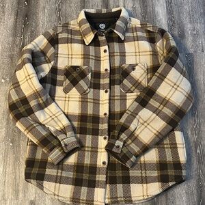 Weatherproof Plaid Sherpa Shacket - Cream & Brown